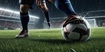 Bola sepak profesional diam di atas rumput basah bawah sorot lampu stadion malam hari dengan efek buram gerakan menunjukkan kecepatan tinggi dan sepatu bola beku dalam posisi dinamis.