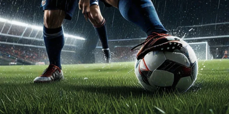 Bola sepak profesional diam di atas rumput basah bawah sorot lampu stadion malam hari dengan efek buram gerakan menunjukkan kecepatan tinggi dan sepatu bola beku dalam posisi dinamis.