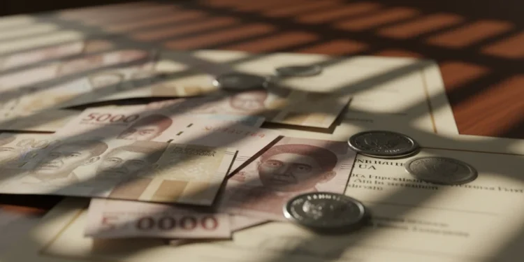 Silmy Didakwa Terima Uang Korupsi Dan Memeras WNI Foto makro uang kertas rupiah berserakan di atas meja kayu dengan dokumen resmi yang buram, tanpa orang atau bangunan.
