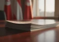 Foto close-up tumpukan brosur kampanye partai di atas meja kayu gelap dengan latar belakang bendera merah putih yang blur tanpa menampilkan bangunan atau wajah orang.