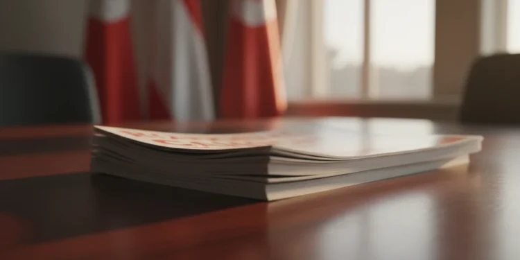Dilema Partai Arab Israel Jadi Penentu Koalisi Tapi Dibuat Marjinal Foto close-up tumpukan brosur kampanye partai di atas meja kayu gelap dengan latar belakang bendera merah putih yang blur tanpa menampilkan bangunan atau wajah orang.