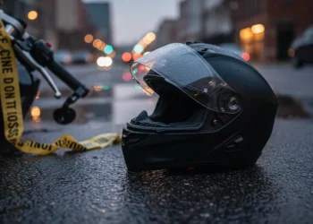 Foto close-up helm motor dan tali polisi kuning di aspal basah dengan cahaya kota buram.