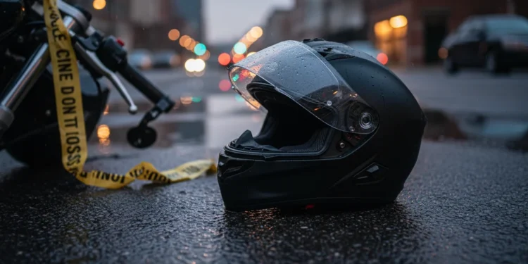 Pemotor Diduga Dianiaya Pemobil Akibat Cekcok di Jalanan Makassar Foto close-up helm motor dan tali polisi kuning di aspal basah dengan cahaya kota buram.