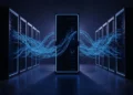 "Foto ilustratif menara server bercahaya biru dengan aliran data digital di latar belakang gelap; tema teknologi siber tanpa bangunan asli atau wajah manusia"