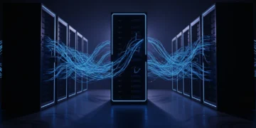 "Foto ilustratif menara server bercahaya biru dengan aliran data digital di latar belakang gelap; tema teknologi siber tanpa bangunan asli atau wajah manusia"