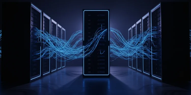 Bangli Integrasikan Aplikasi Dinas demi Keamanan Siber "Foto ilustratif menara server bercahaya biru dengan aliran data digital di latar belakang gelap; tema teknologi siber tanpa bangunan asli atau wajah manusia"