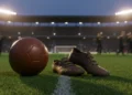 Suasana pertandingan sepak bola profesional dengan rumput sintetis hijau cerah di bawah lampu sorot stadion dramatis saat senja. Sebuah bola sepak kulit halus berada dekat sepatu kayu bekas latihan di