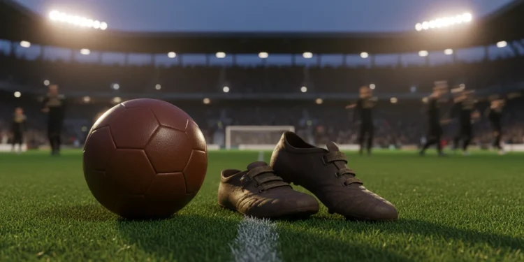 Suasana pertandingan sepak bola profesional dengan rumput sintetis hijau cerah di bawah lampu sorot stadion dramatis saat senja. Sebuah bola sepak kulit halus berada dekat sepatu kayu bekas latihan di