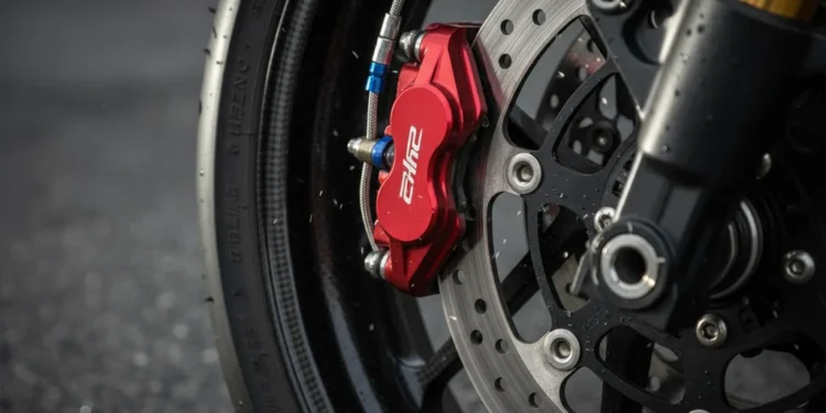 Desakan Insentif Agar Wajib Pakai ABS di Motor Baru Tidak Bikin Harga Naik Foto makro dekat kalipers rem cakar sepeda motor modern yang mengunci pada roda berputar dengan selang hidrolik terlihat, memantulkan lampu LED studi terhadap latar belakang aspal gelap.