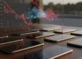 Ztylus Case Punya Empat Lensa Kamera Berbeda Dalam Satu Chasing Foto close-up smartphone canggih di atas meja kayu gelap dengan grafik tren penjualan menurun sebagai latar belakang blur.
