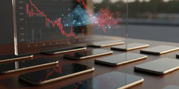 Pengiriman Smartphone Global Anjlok 20%, Samsung Tetap Dominan Foto close-up smartphone canggih di atas meja kayu gelap dengan grafik tren penjualan menurun sebagai latar belakang blur.